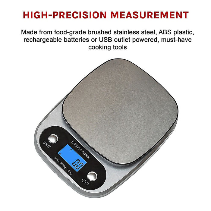 0.1g High Precision Kitchen Scale Rechargable Food Scale Digital 3KG