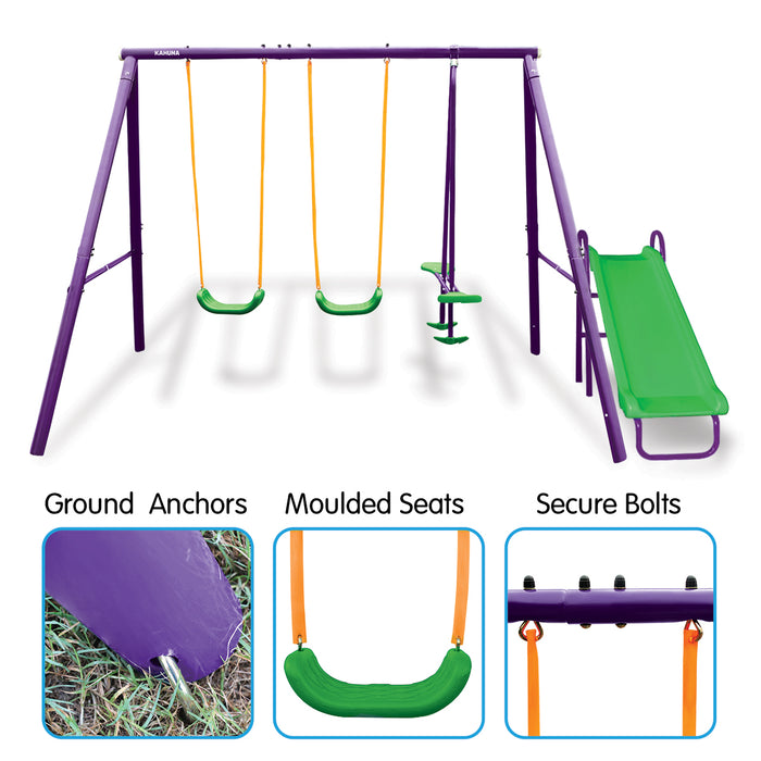 Kahuna Kids 4-Seater Swing Set with Slide Purple Green - Free Shipping